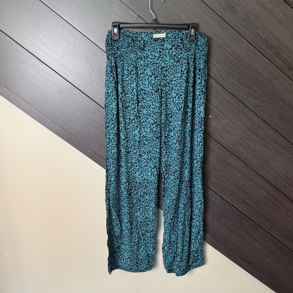 Silver Threads Women's Boho Wide Leg Palazzo Pants Medium Teal Black Floral